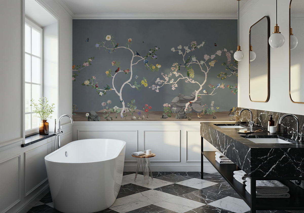 Birds in the Garden Dark Blue Mural Wallpaper - room preview 06