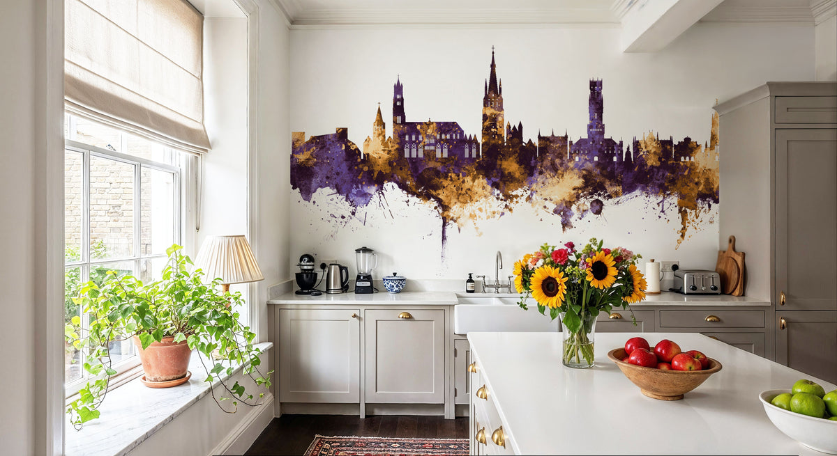 Bruges Belgium Skyline Purple & Gold Mural Wallpaper - room preview 06