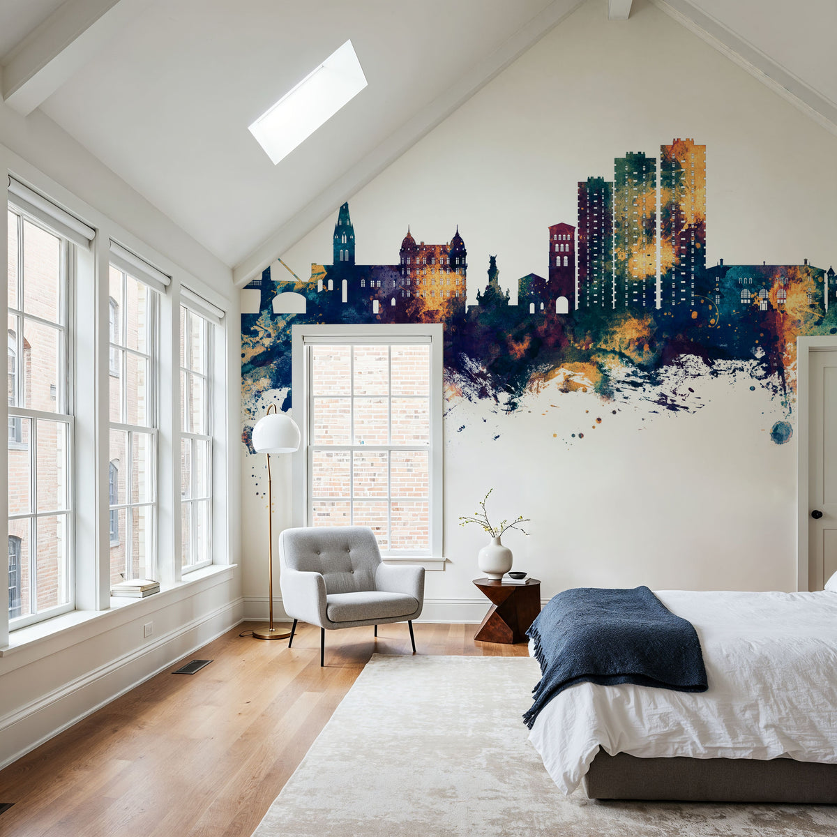 Grenoble Skyline Blue & Bronze Mural Wallpaper - room preview 06