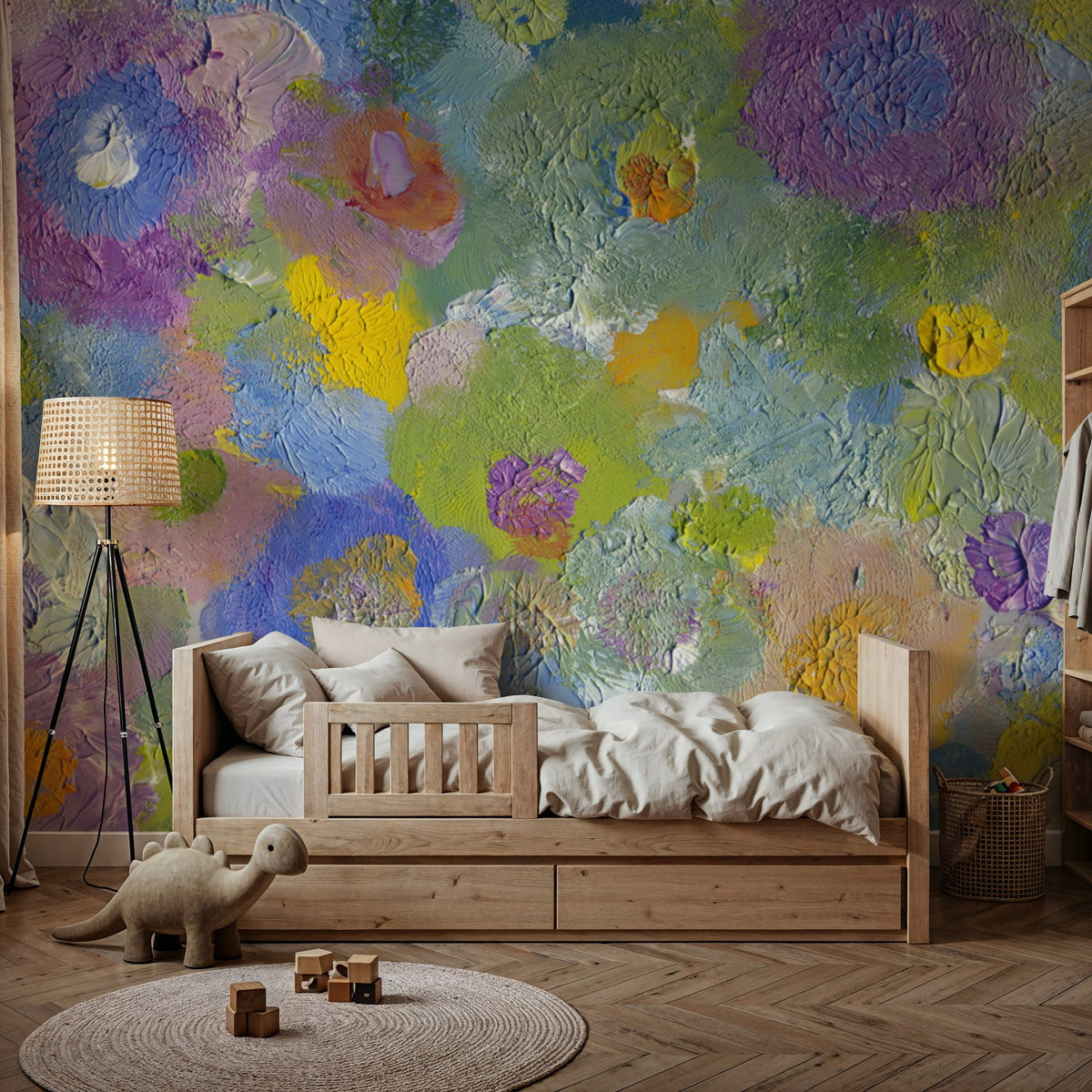 Happy Oil Painted Flowers, Blue & Purple Mural Wallpaper - room preview 06