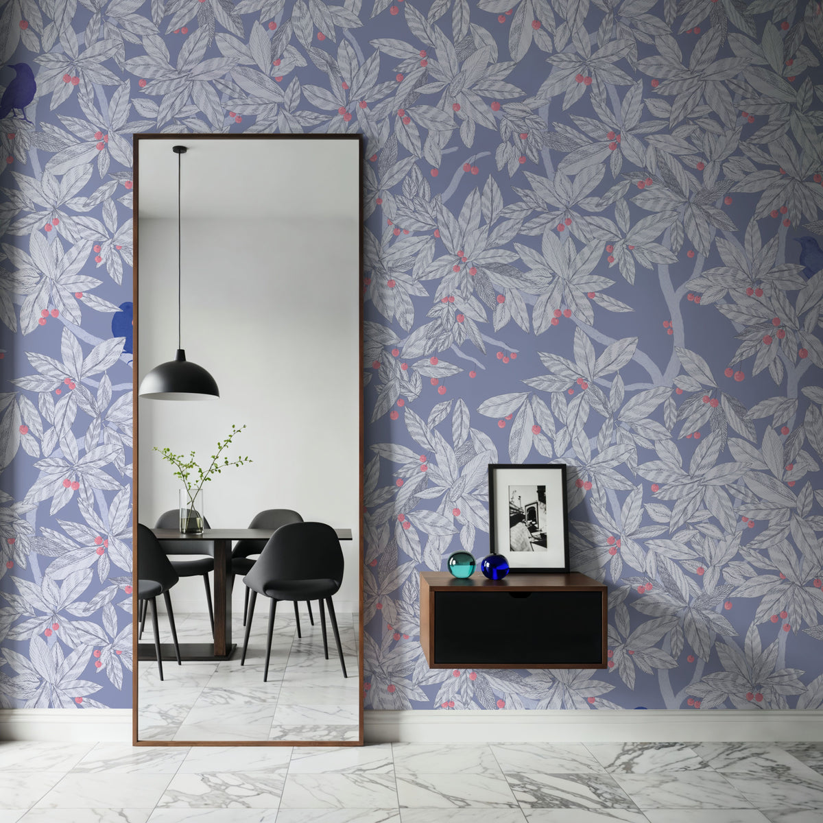 Cherry Tree Birds, Periwinkle Mural Wallpaper - room preview 06