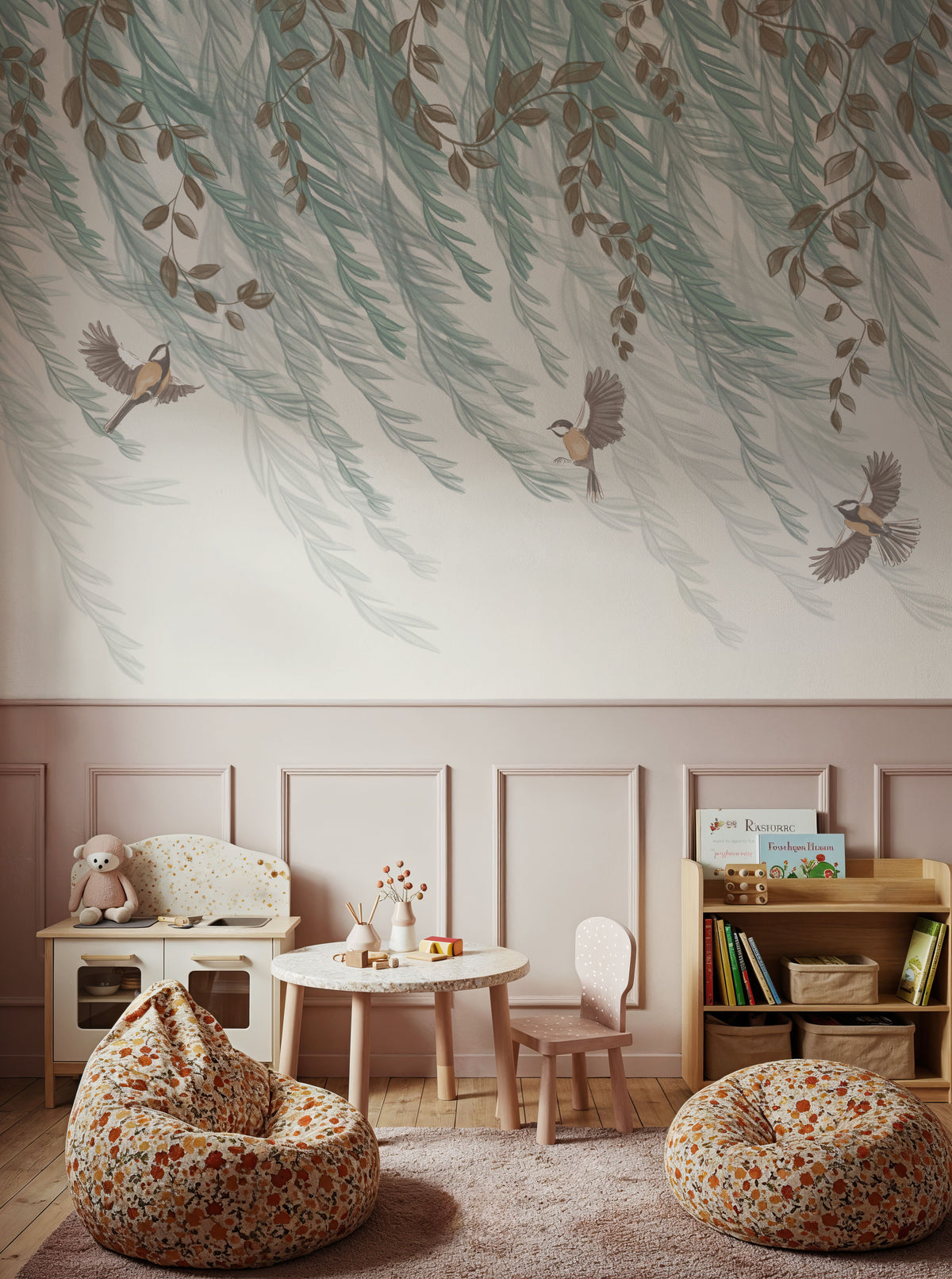 Willow & Birds, White Mural Wallpaper - room preview 06