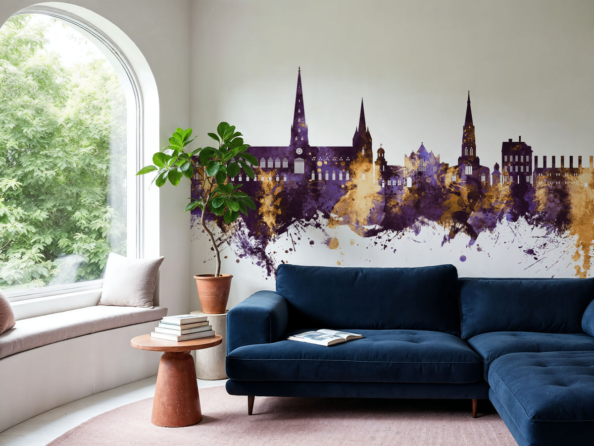 Lichfield England Skyline Purple & Gold Mural Wallpaper - room preview 06