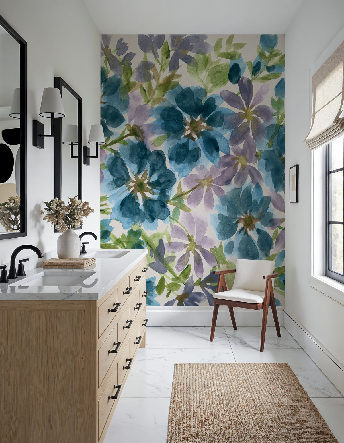 Blue Blooms Mural Wallpaper - Neutral Tone - room preview 06