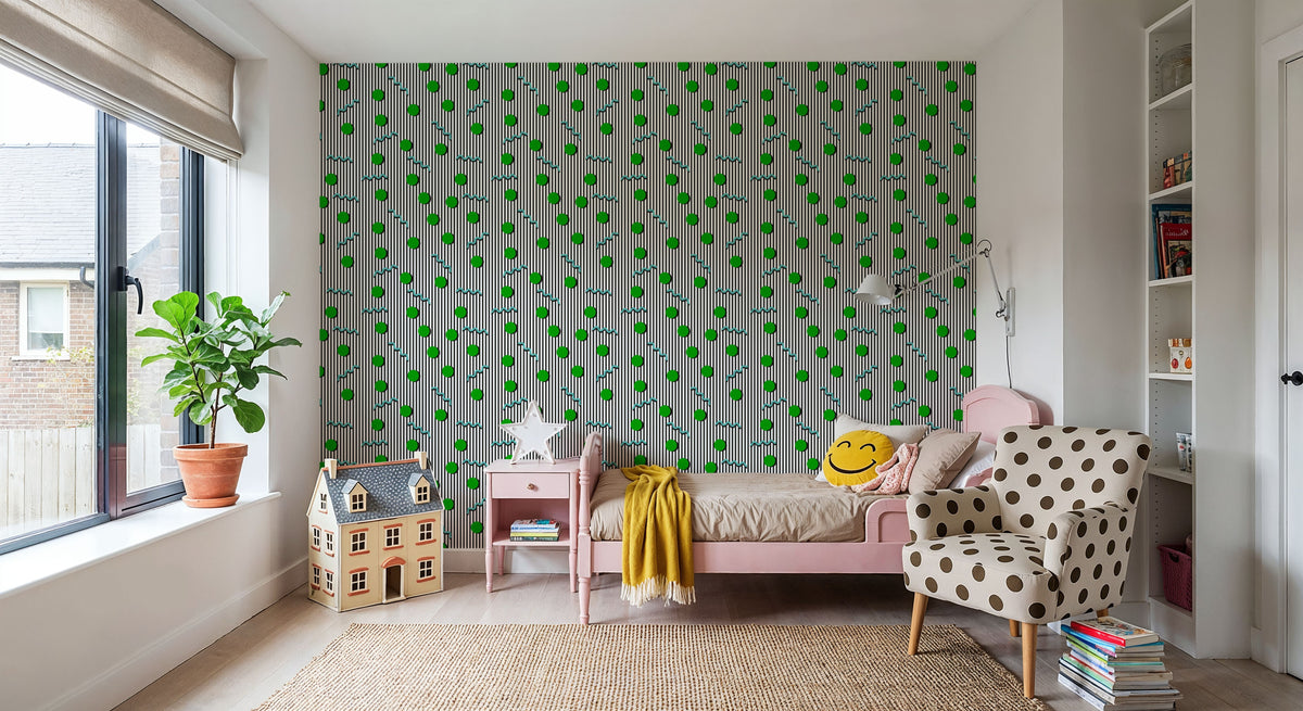 Memphis Dots & Stripes, White Mural Wallpaper - room preview 06