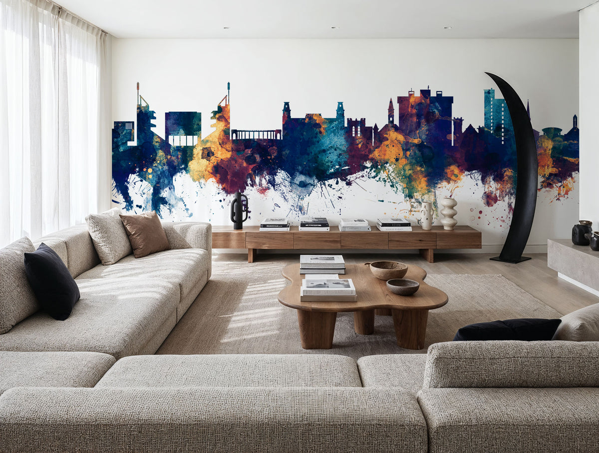 Fayetteville Arkansas Skyline Blue & Bronze Mural Wallpaper - room preview 06