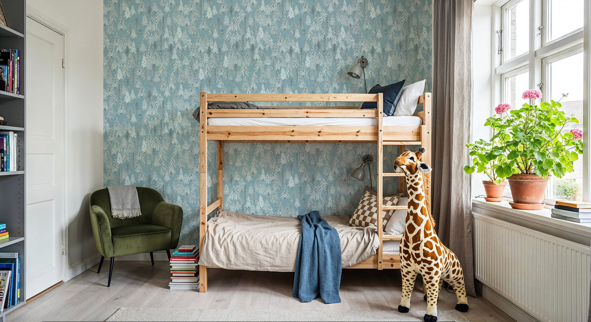 Forest Lanterns, Dusty Blue Mural Wallpaper - room preview 06