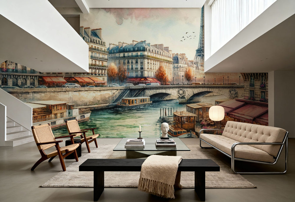 Parisian River Scene with Eiffel Tower Mural Wallpaper - room preview 06