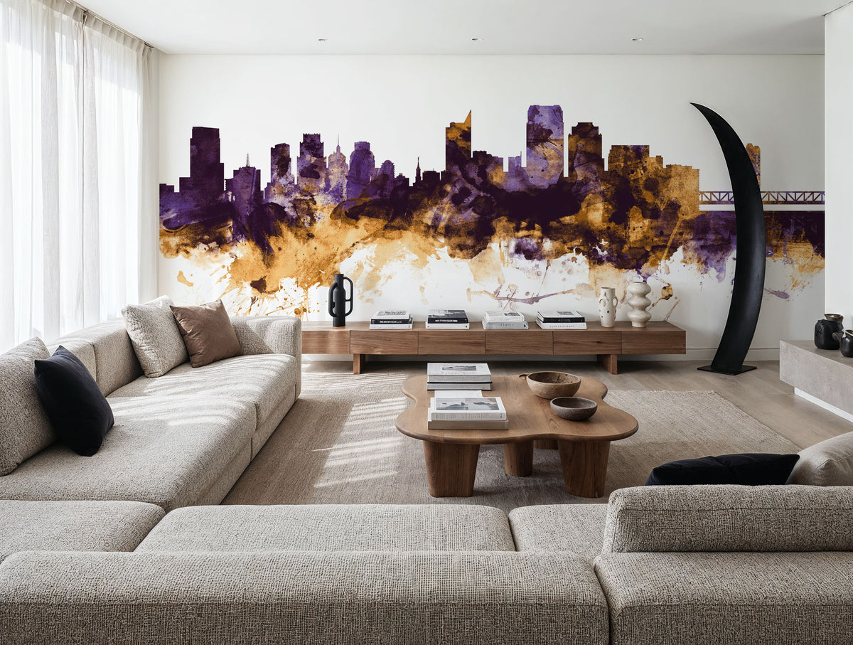 Sacramento California Skyline Purple & Gold Mural Wallpaper - room preview 06