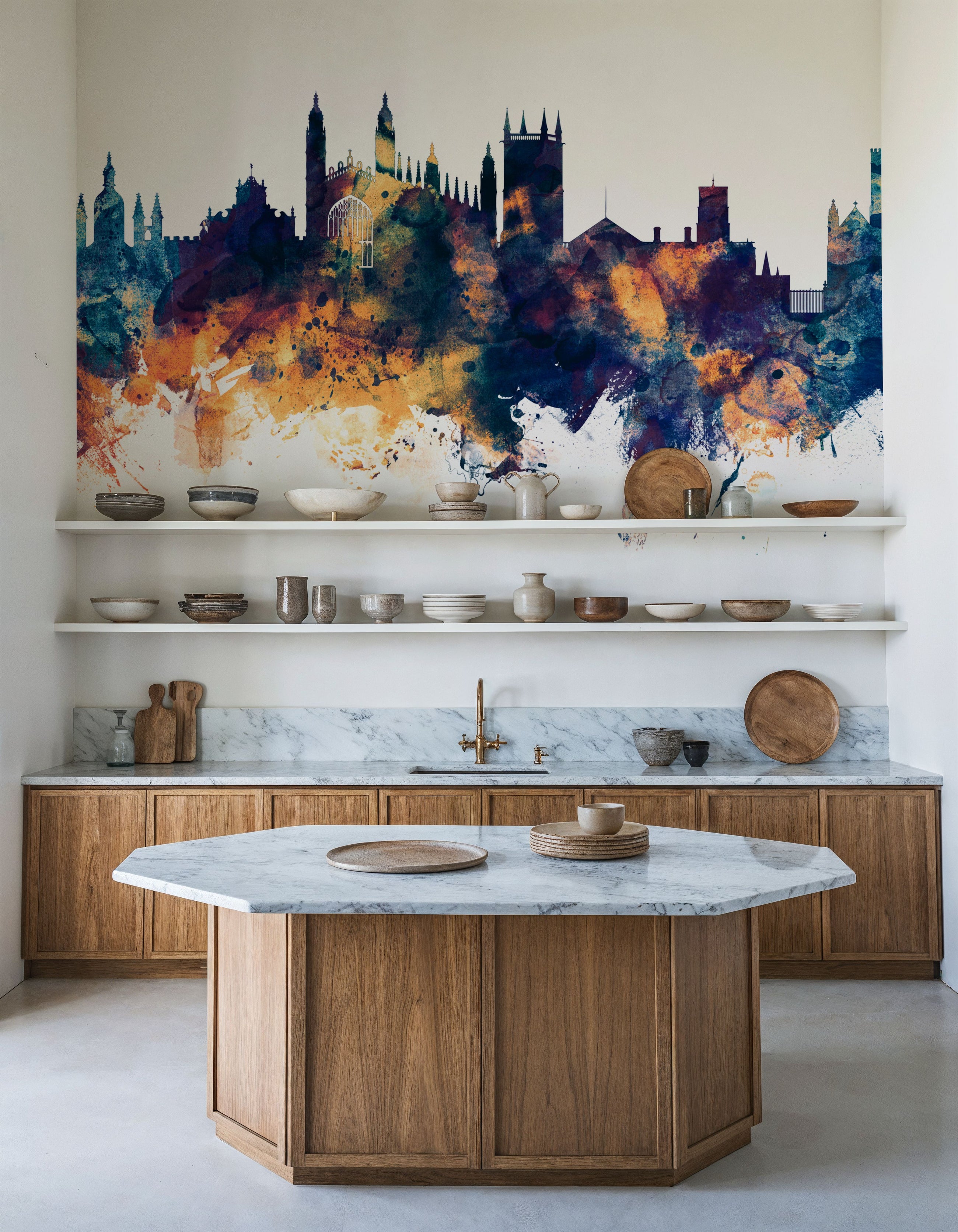 Cambridge England Skyline Blue & Bronze Mural Wallpaper