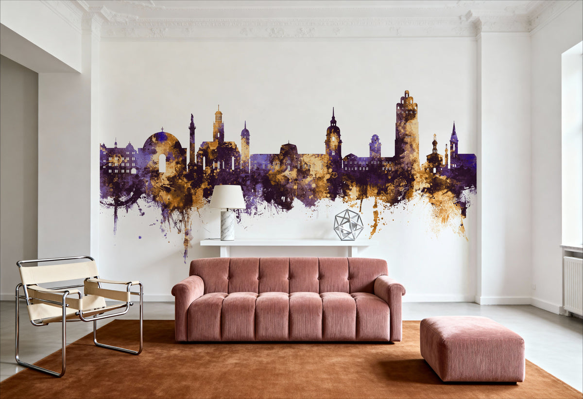 Darmstadt Skyline Purple & Gold Mural Wallpaper - room preview 06