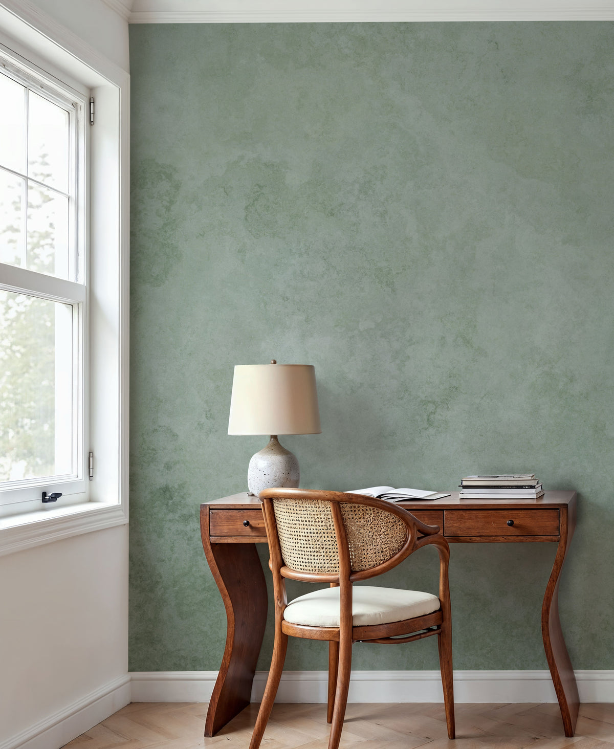 Subtle Plaster Wall, Light Green Mural Wallpaper - room preview 06