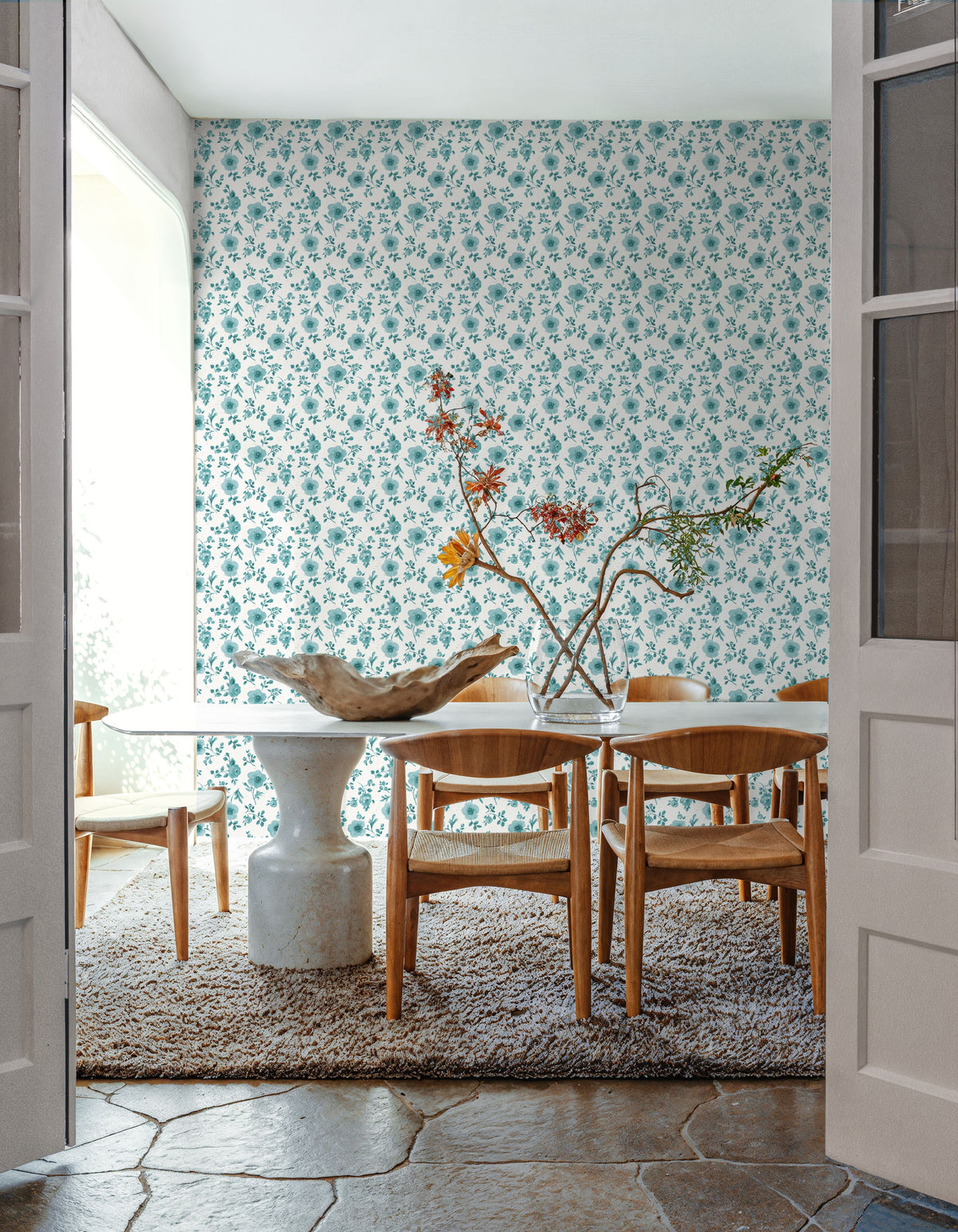 Country Flowery Turqouise Inverse Mural Wallpaper - room preview 06