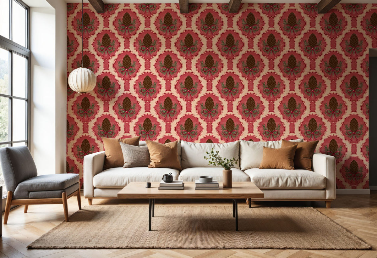 Pine Cone & Ornate Rackets, Raspberry Mural Wallpaper - room preview 06