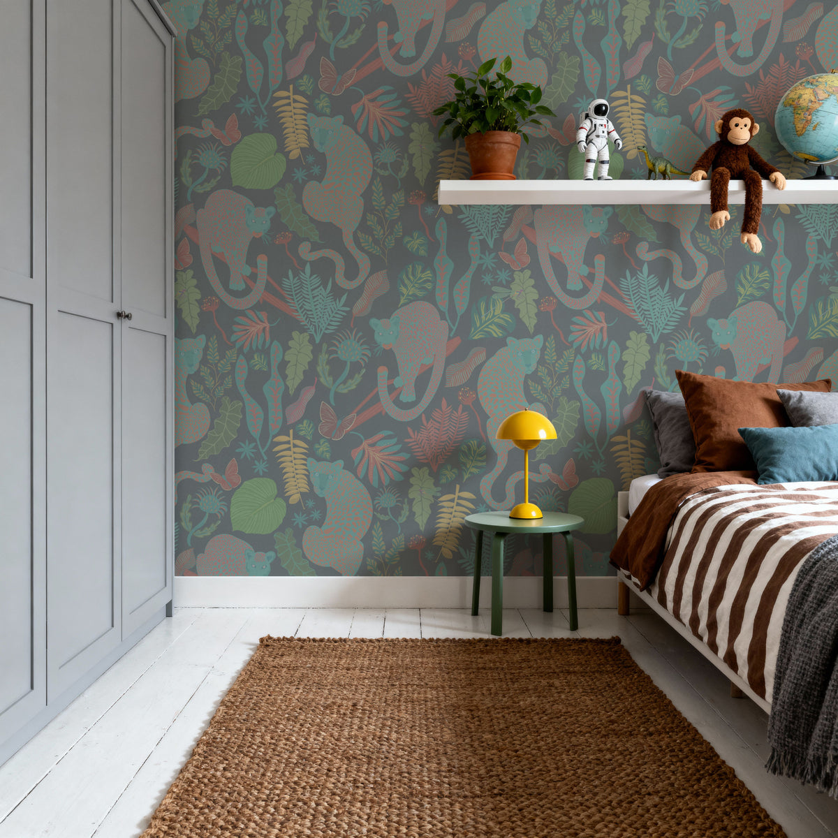 Jungle Leopards Washed Green Mural Wallpaper - room preview 06