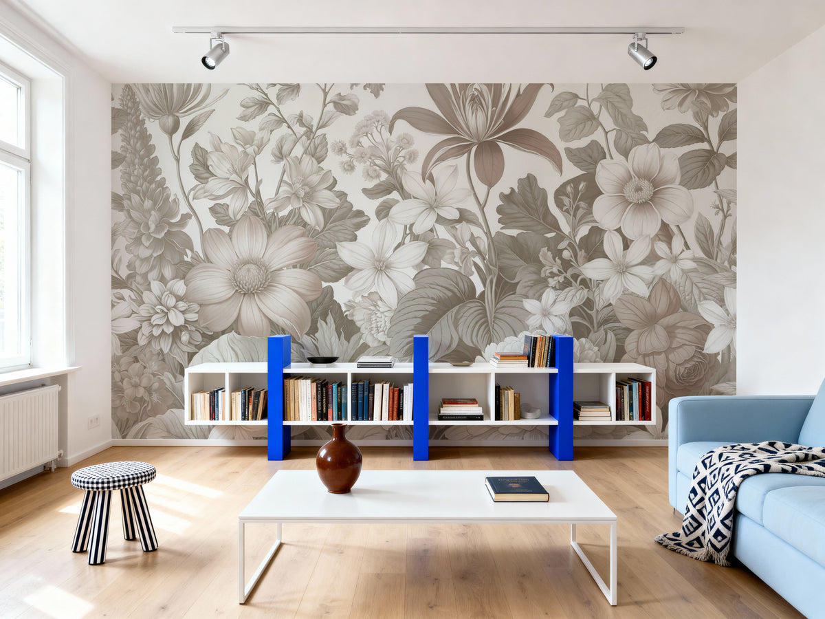 Dahlia Days, Greige Mural Wallpaper - room preview 06
