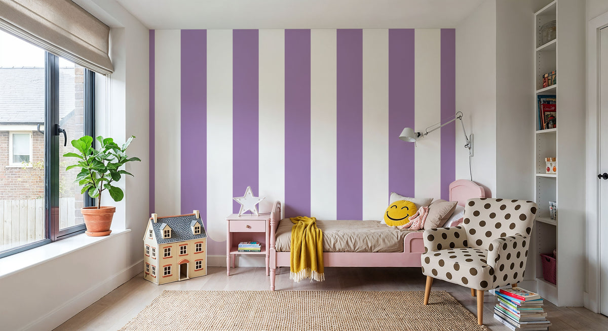 Scalloped Circus Stripes, Purple Mural Wallpaper - room preview 06