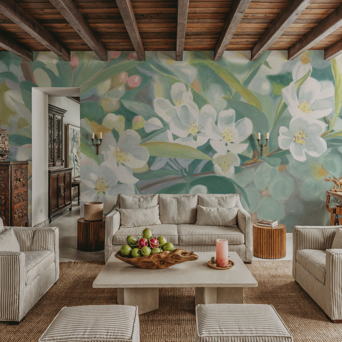 White Blossoms in Focus Mural Wallpaper - room preview 06