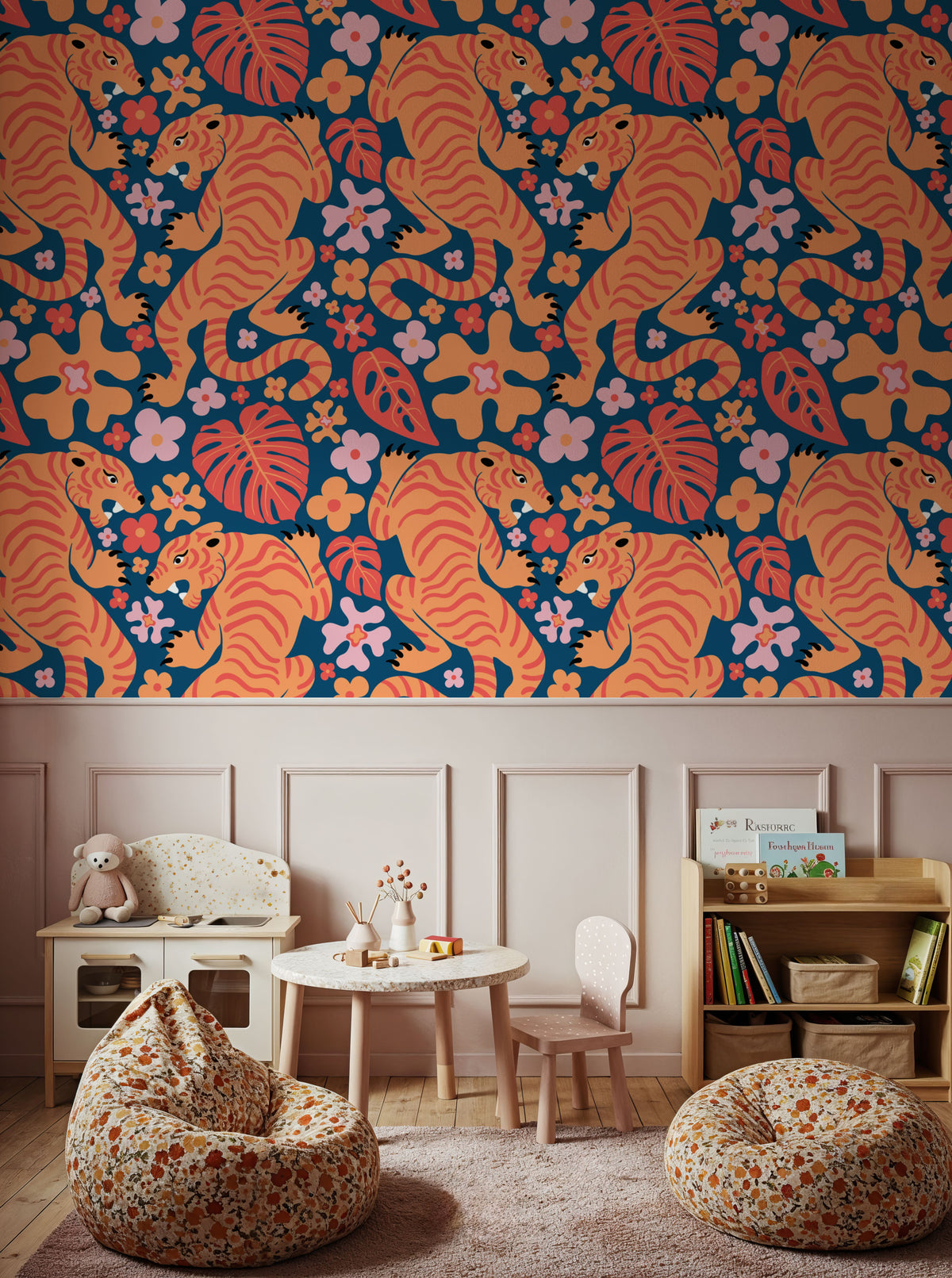 Otomi Cool Tigers, Orange & Navy Mural Wallpaper - room preview 06