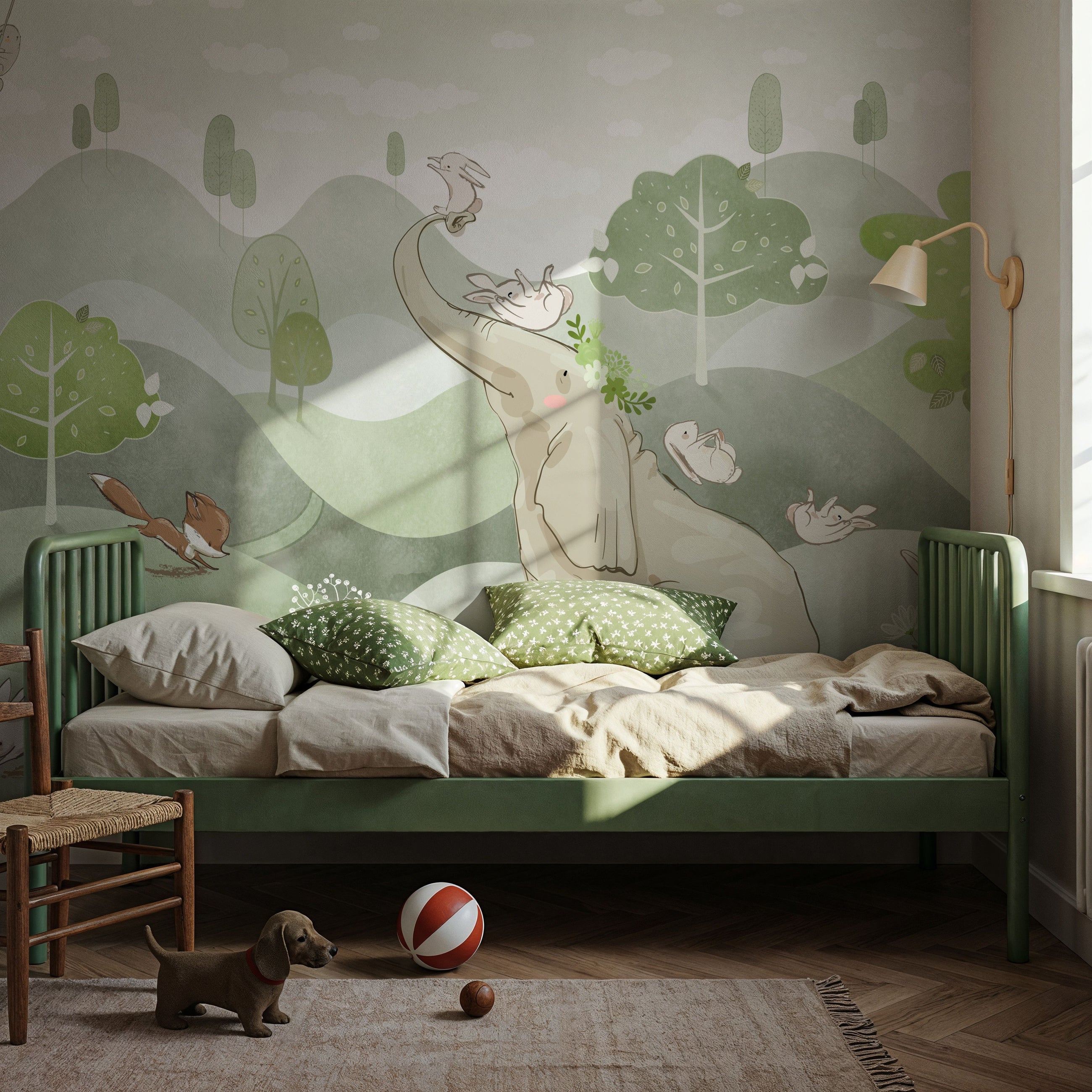 Bunny Friends, Green Mural Wallpaper