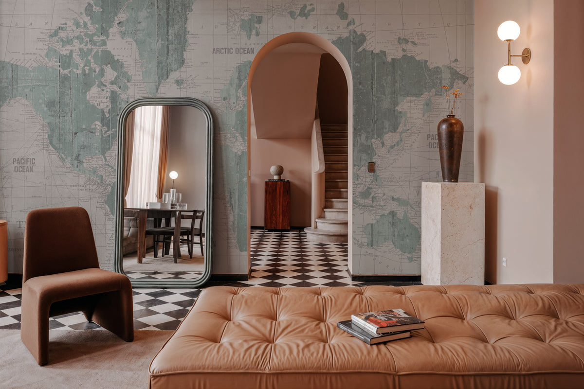Old World Map Mint Gray Mural Wallpaper - room preview 06