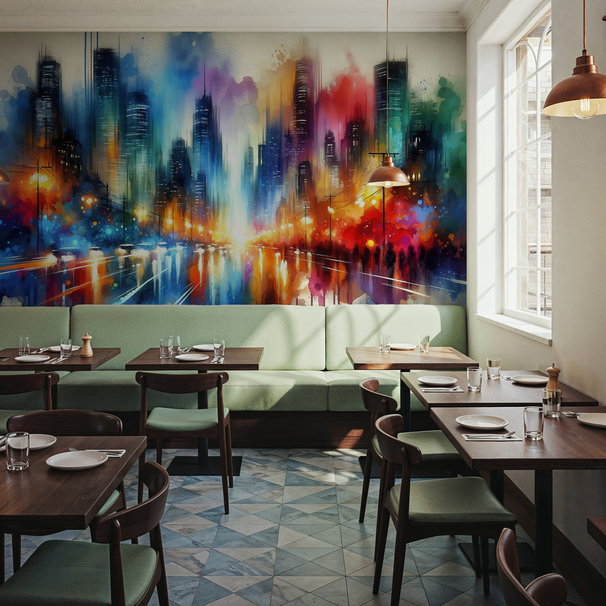 Watercolor Abstract Skyline At Night Mural Wallpaper - room preview 06