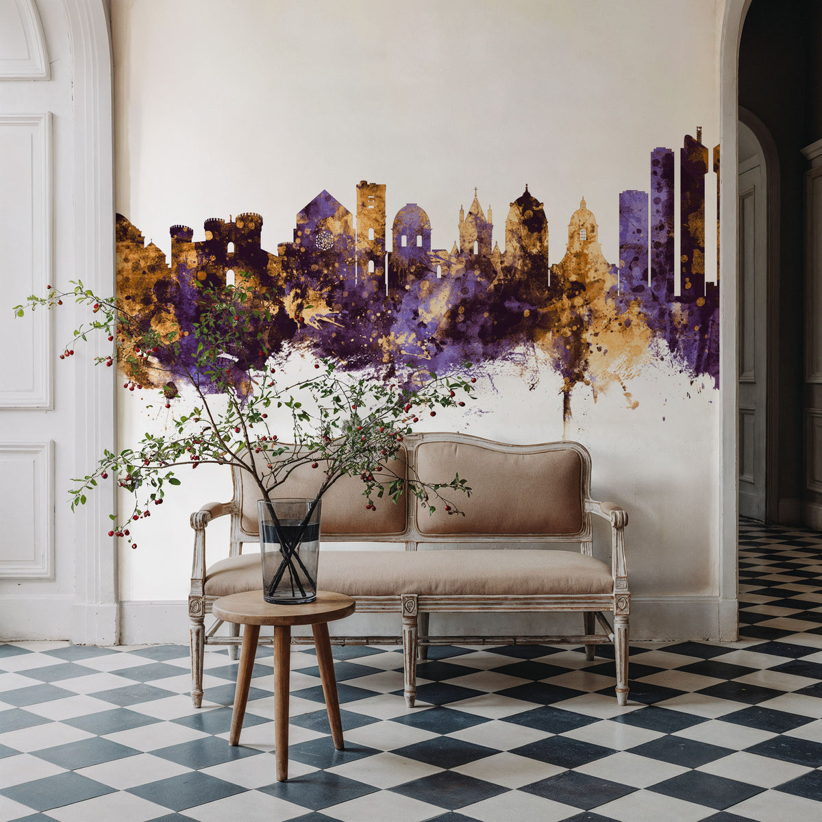 Naples Italy Skyline Purple & Gold Mural Wallpaper - room preview 06