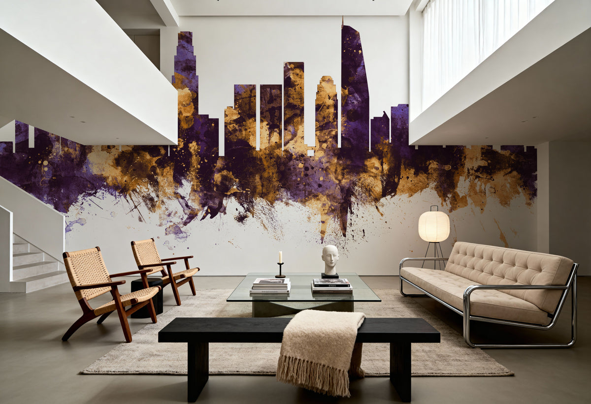 Los Angeles Skyline Purple & Gold Mural Wallpaper - room preview 06