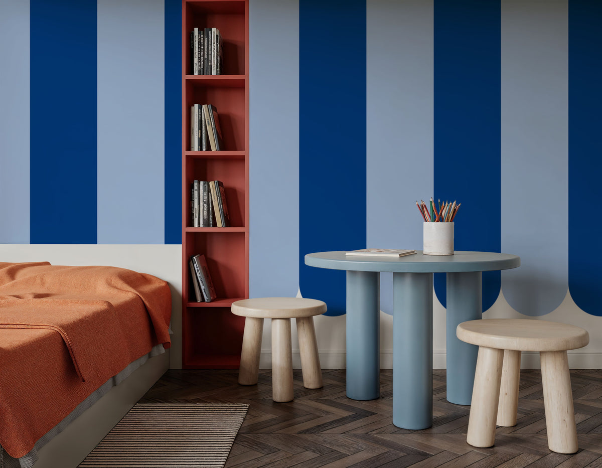 Scalloped Circus Stripes, Blue on Blue Mural Wallpaper - room preview 06