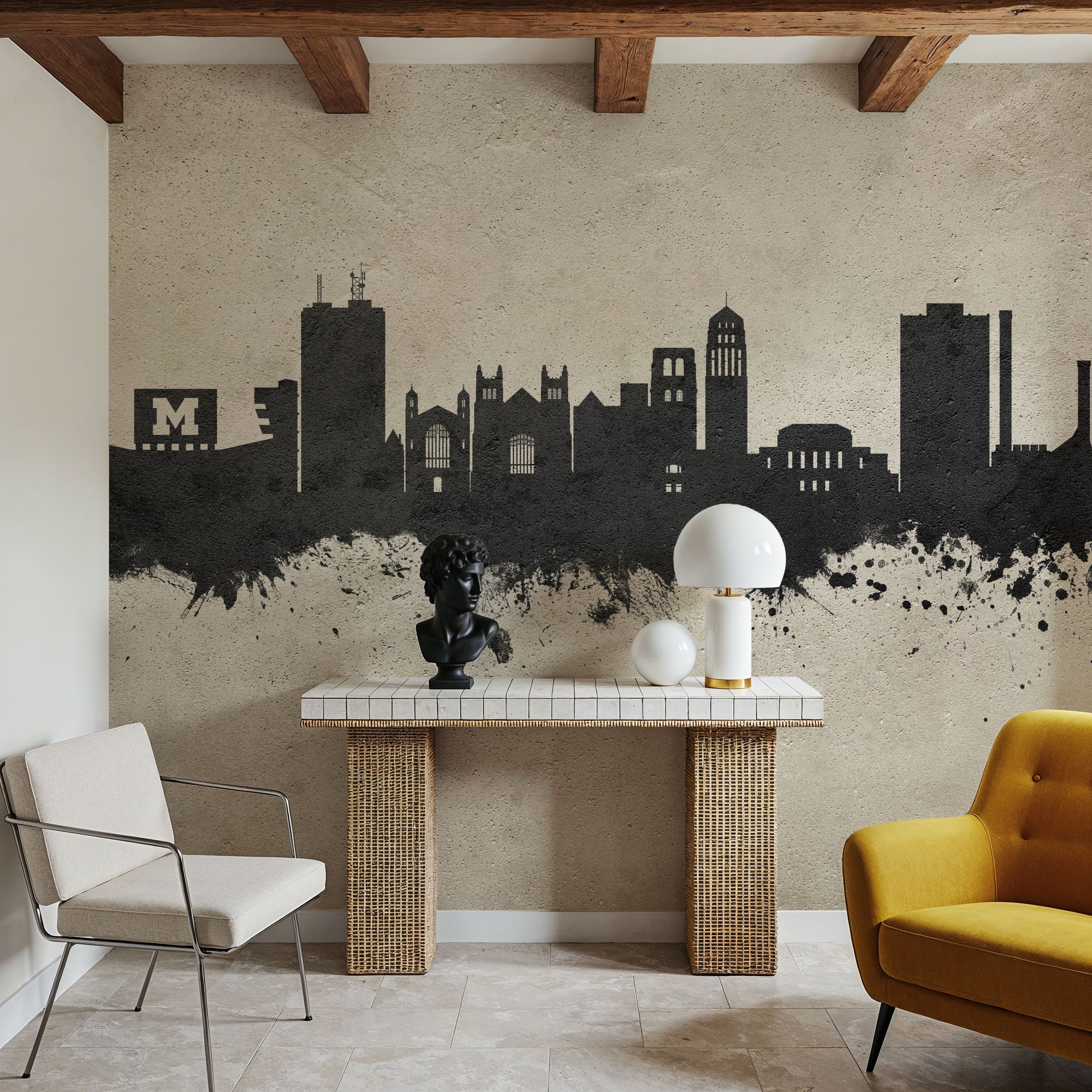 Ann Arbor Michigan Skyline Concrete Mural Wallpaper