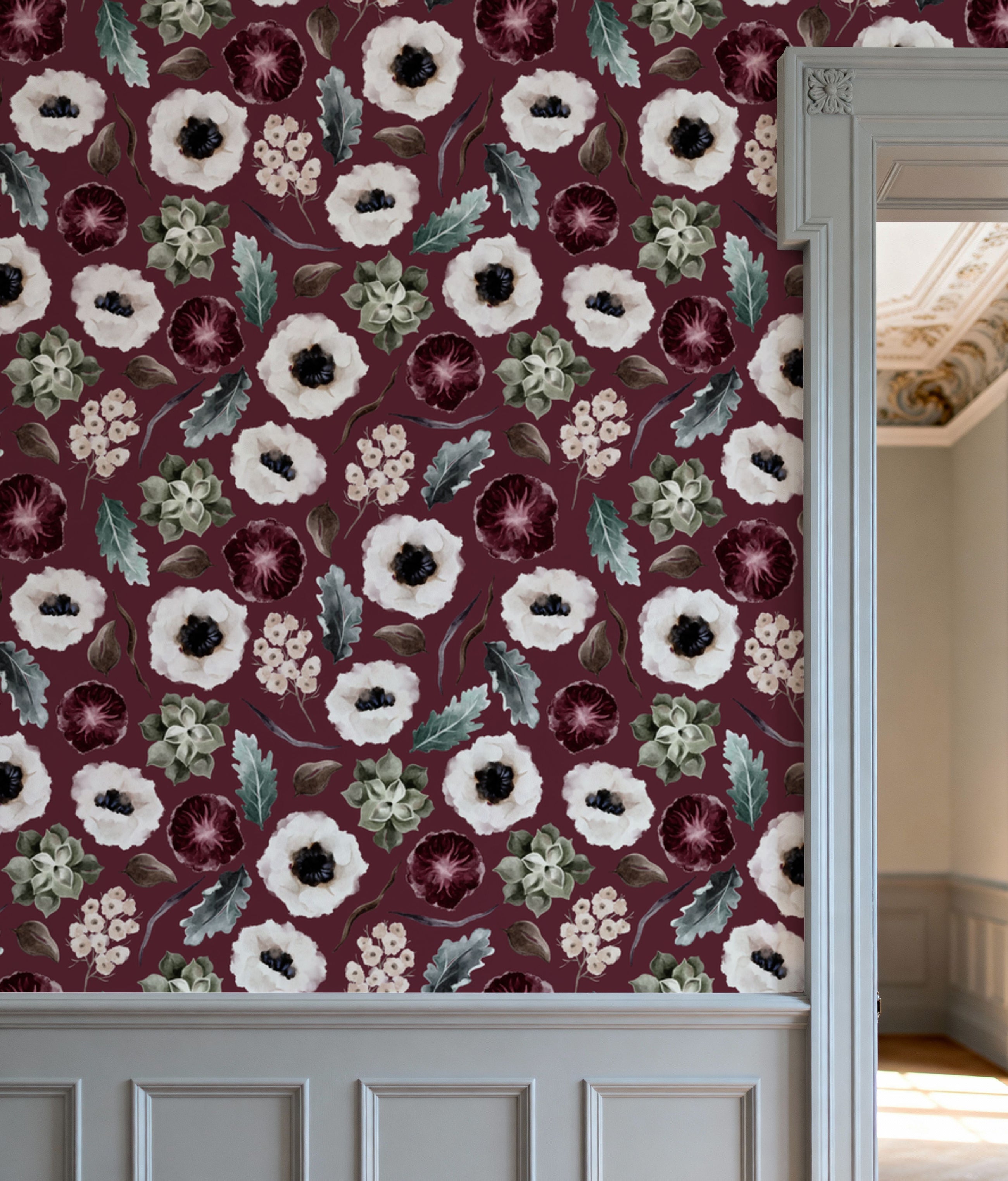 Anemones and Leaves Mural Wallpaper