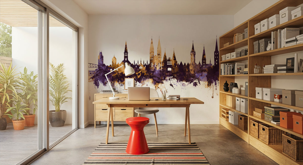 Lubeck Germany Skyline Purple & Gold Mural Wallpaper - room preview 06