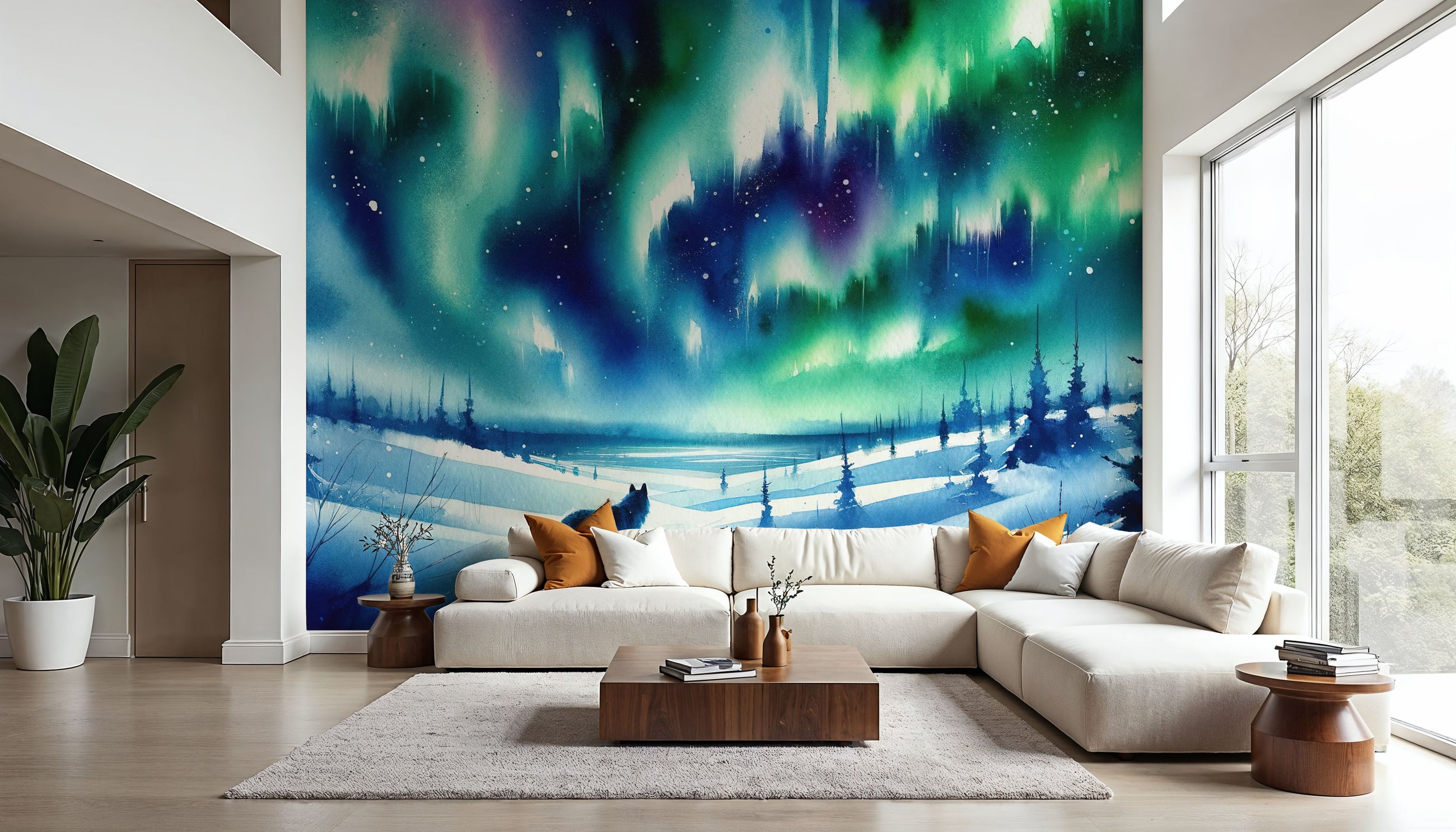 Arctic Fox and Northern Lights Mural Wallpaper