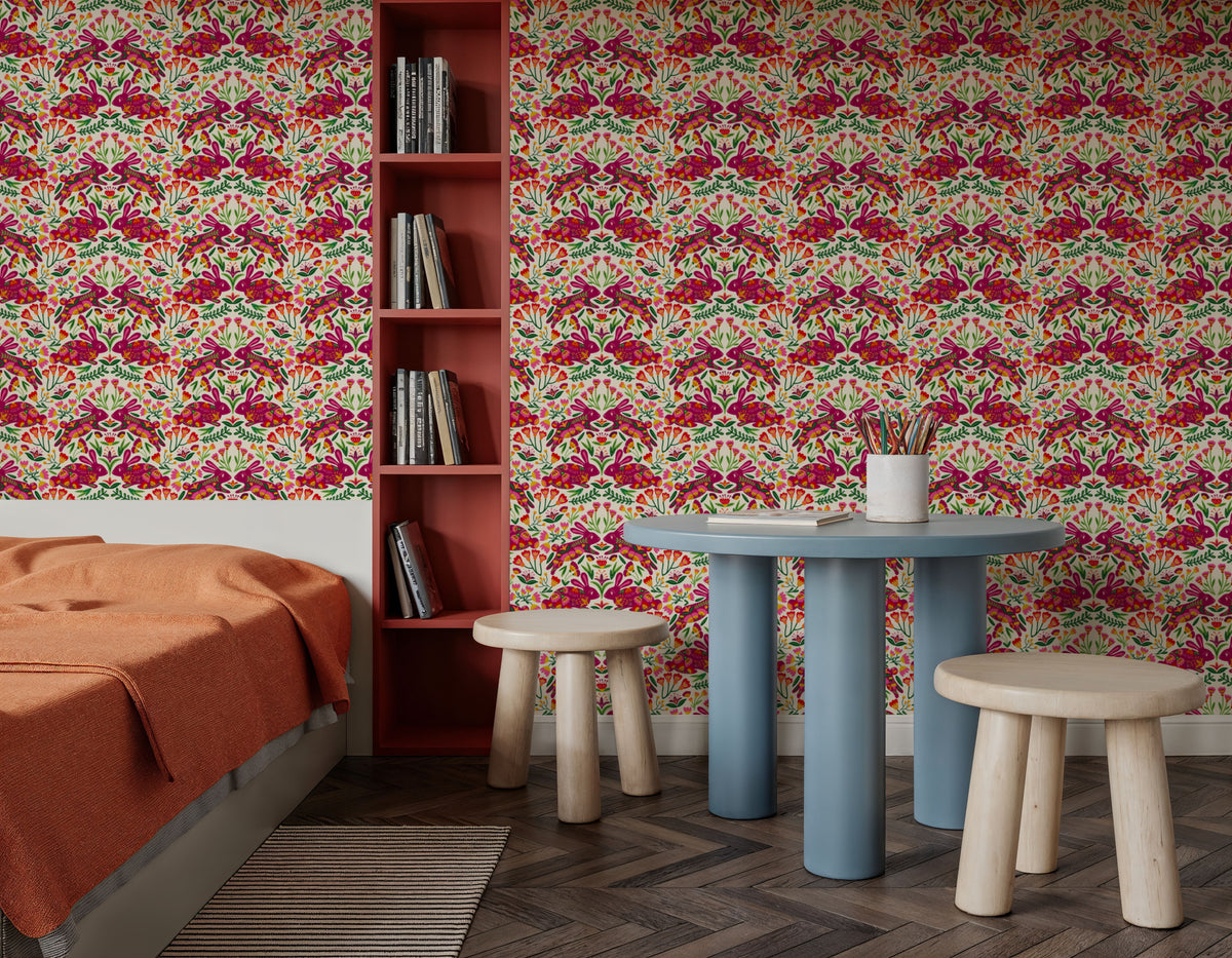 Otomi Rabbits & Flowers Pattern Mural Wallpaper - room preview 06