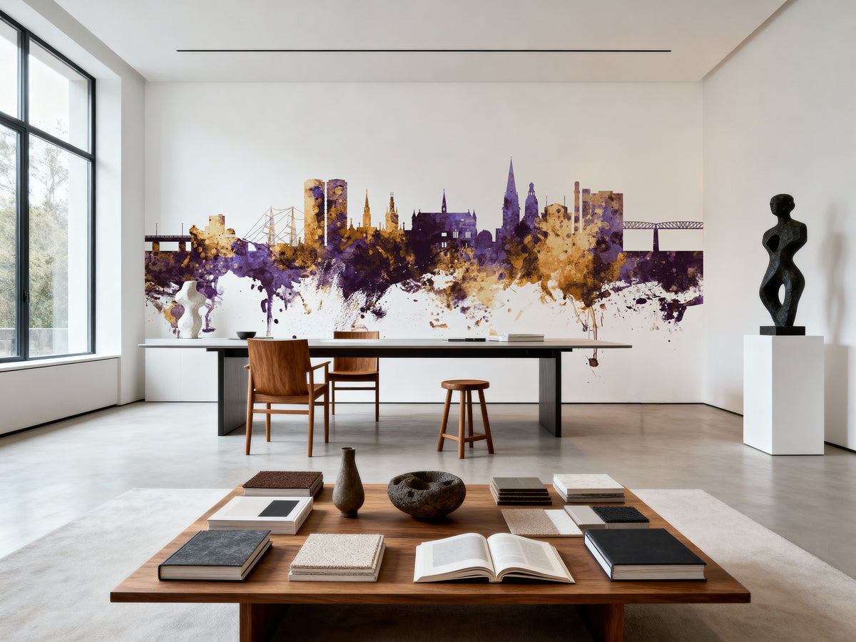 Dundee Scotland Skyline Purple & Gold Mural Wallpaper - room preview 06