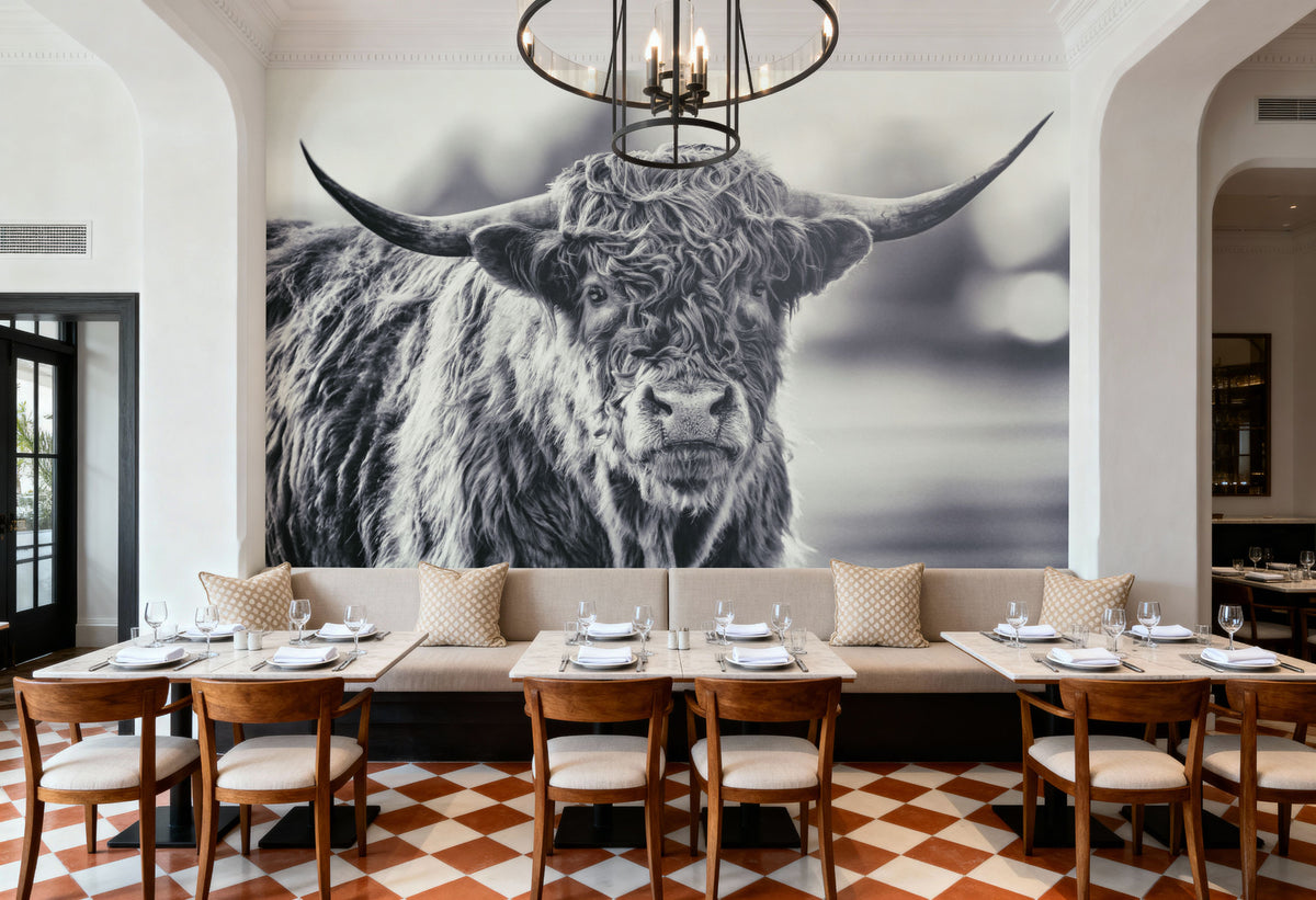Highland Cow Pastures II Mural Wallpaper - Neutral Tone - room preview 06