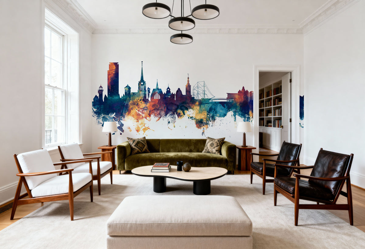 Halmstad Sweden Skyline Blue & Bronze Mural Wallpaper - room preview 06