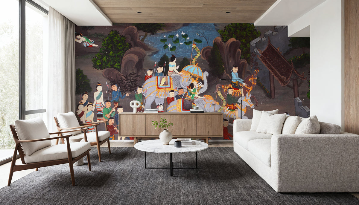 Elephant Procession to the Temple, Thai Painting Mural Wallpaper - room preview 06