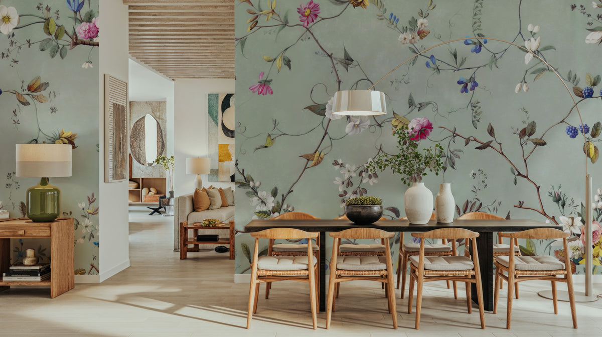 Floral Heaven, Vibrant on Sage Mural Wallpaper - room preview 06