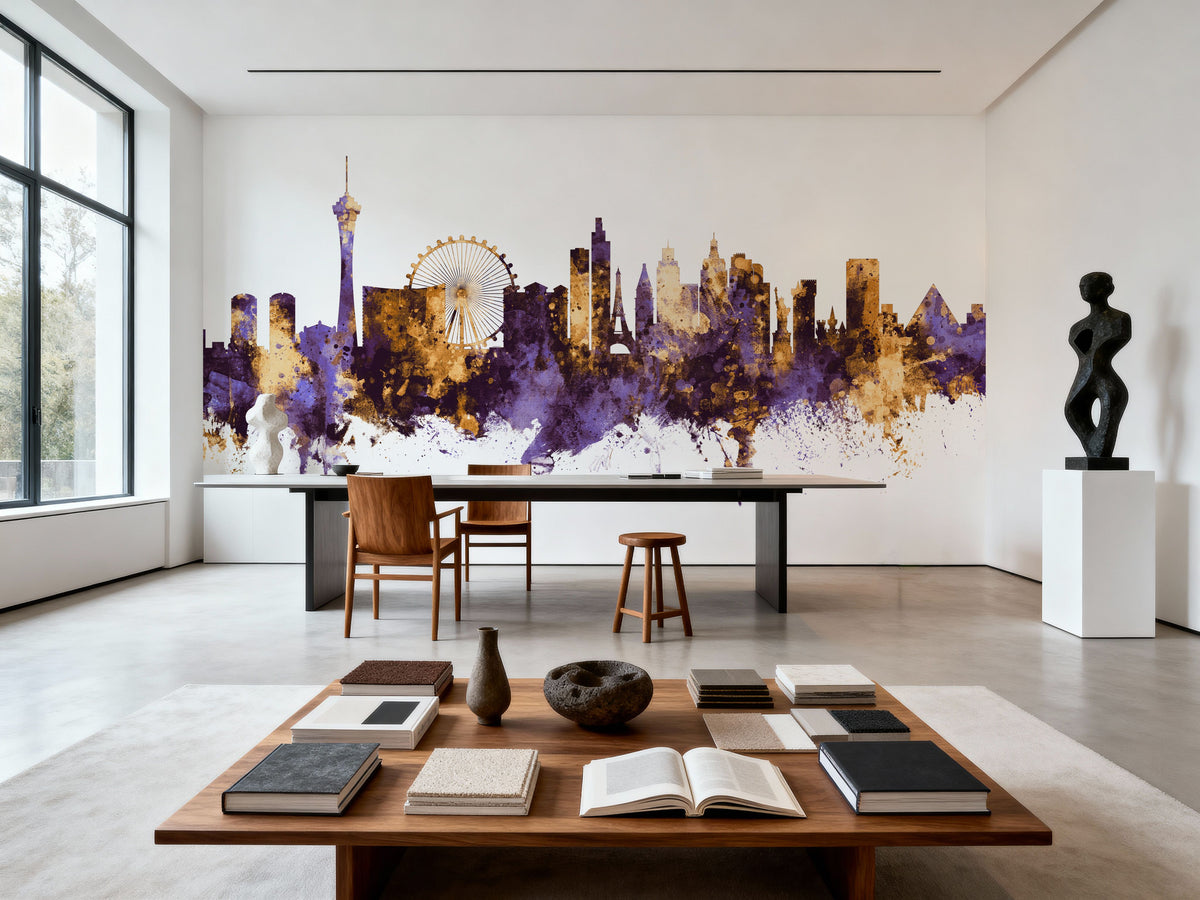 Las Vegas Nevada Skyline Purple & Gold Mural Wallpaper - room preview 06
