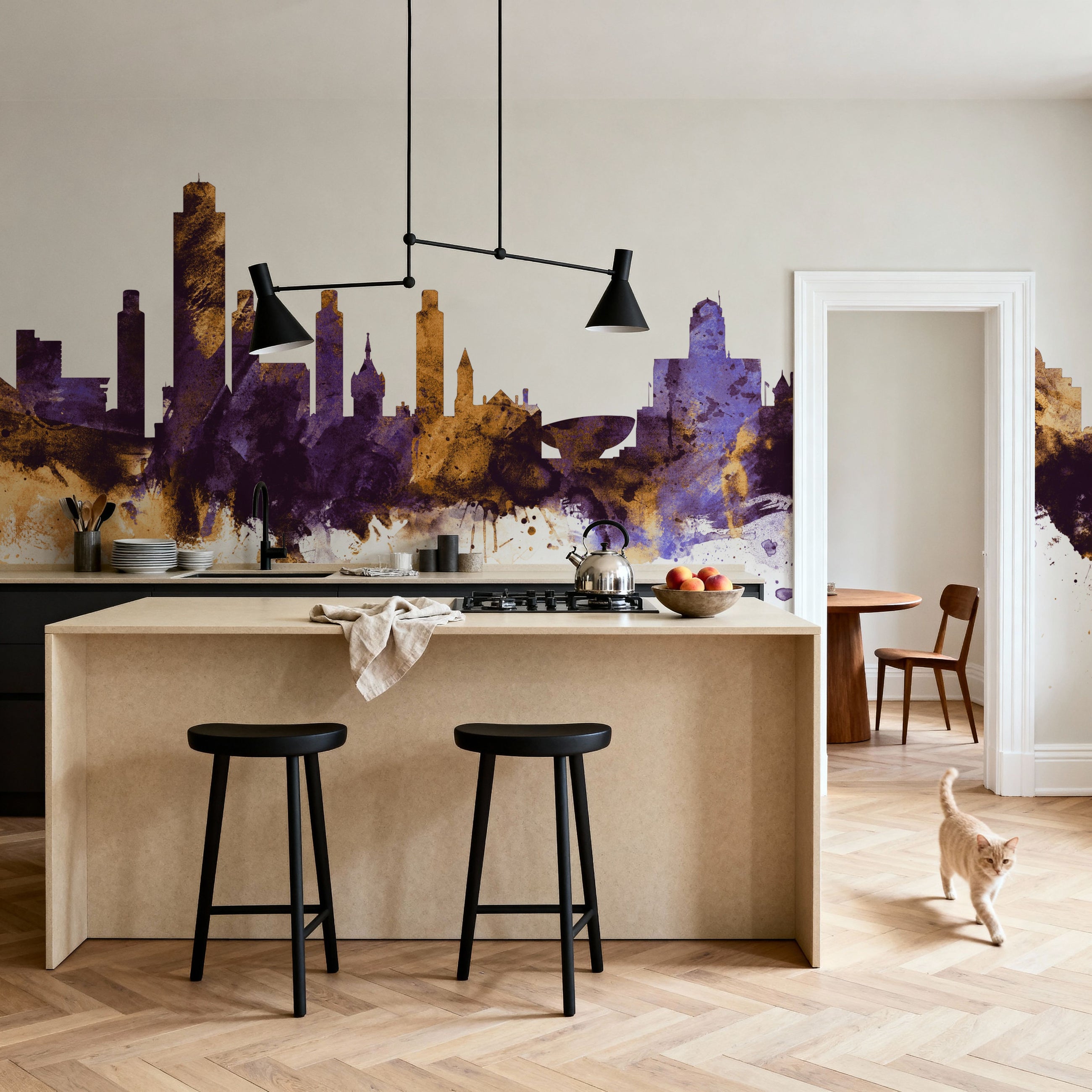 Albany New York Skyline Purple & Gold Mural Wallpaper