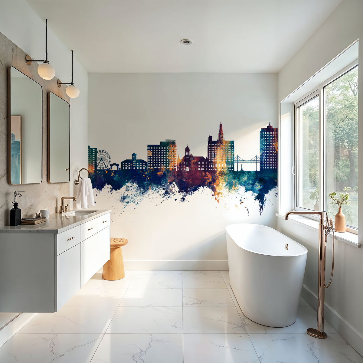 Davenport Iowa Skyline Blue & Bronze Mural Wallpaper - room preview 06