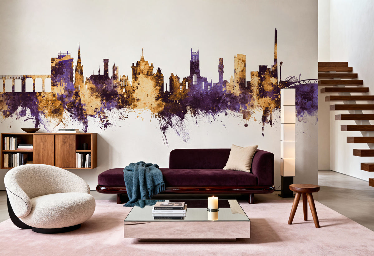 Huddersfield England Skyline Purple & Gold Mural Wallpaper - room preview 06