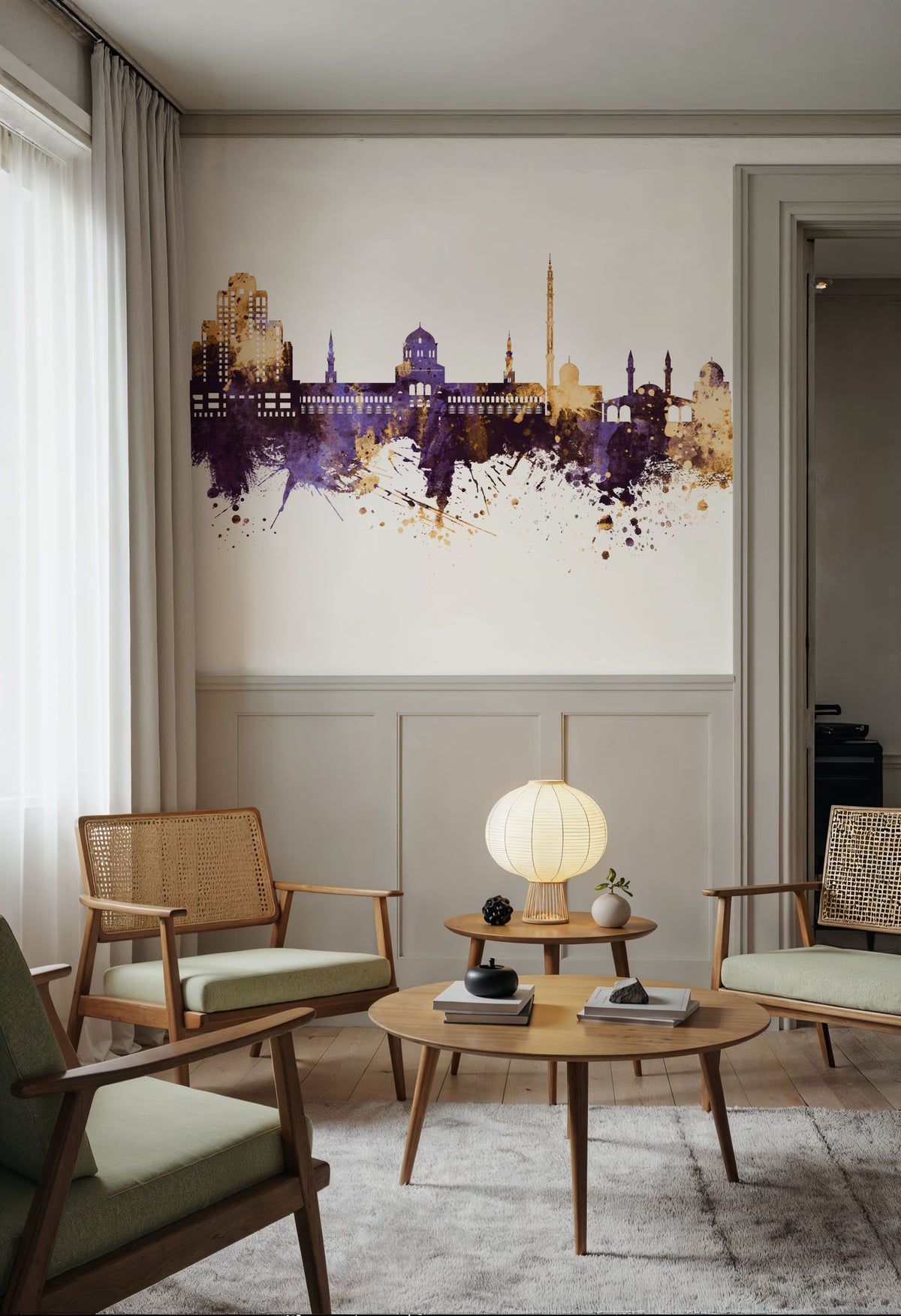 Damascus Syria Skyline Purple & Gold Mural Wallpaper - room preview 06