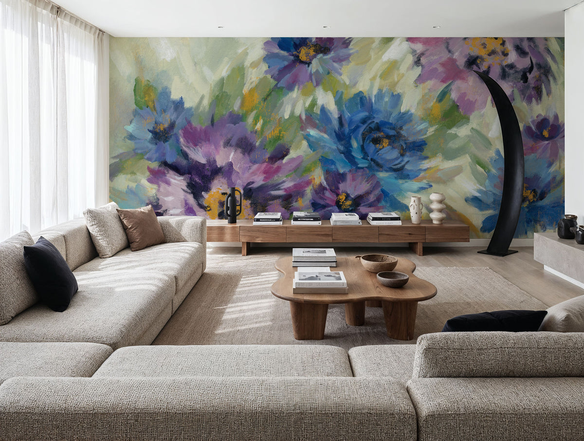Bold Blue and Lavender Flowers Mural Wallpaper - room preview 06