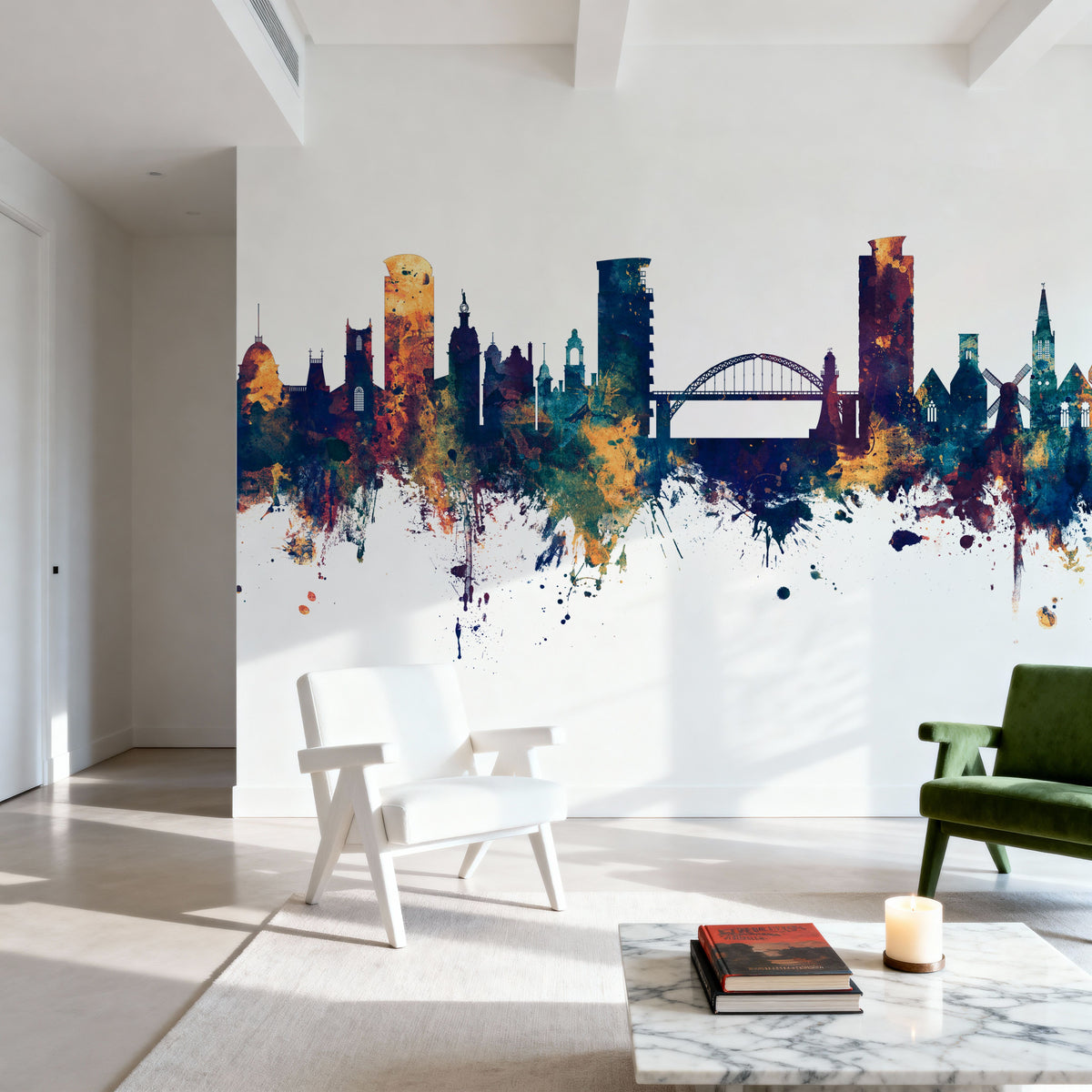 Sunderland England Skyline Blue & Bronze Mural Wallpaper - room preview 06