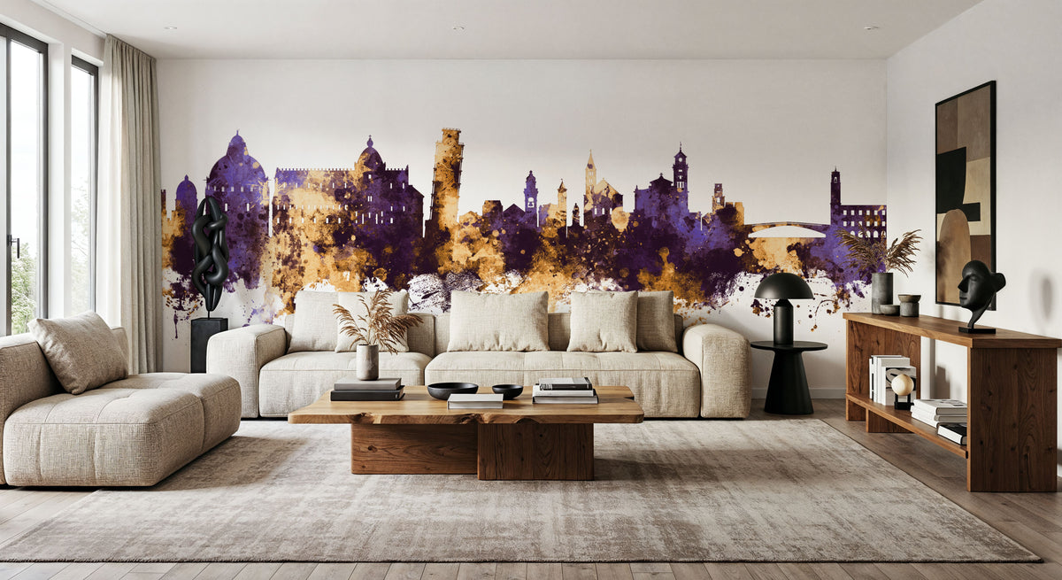 Pisa Italy Skyline Purple & Gold Mural Wallpaper - room preview 06