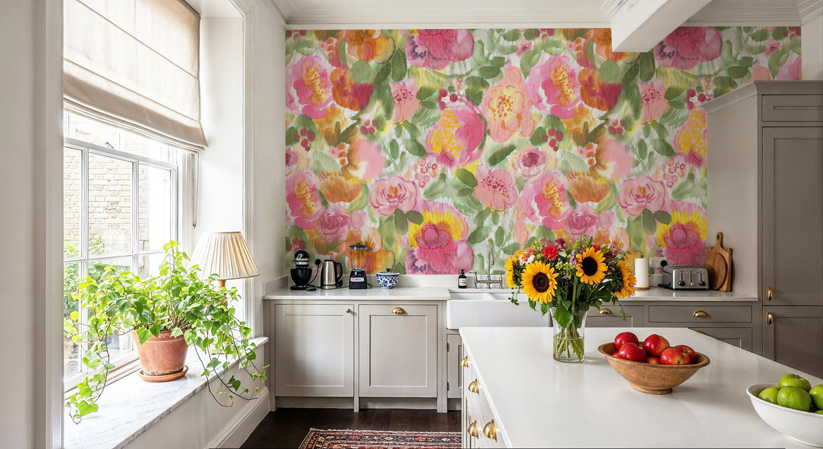 Colourful Watercolor Painted Floral Mural Wallpaper - room preview 06