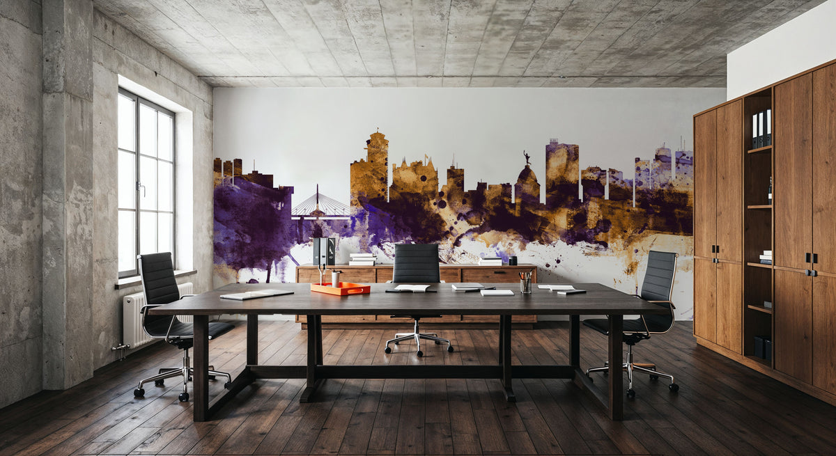 Winnipeg Canada Skyline Purple & Gold Mural Wallpaper - room preview 06