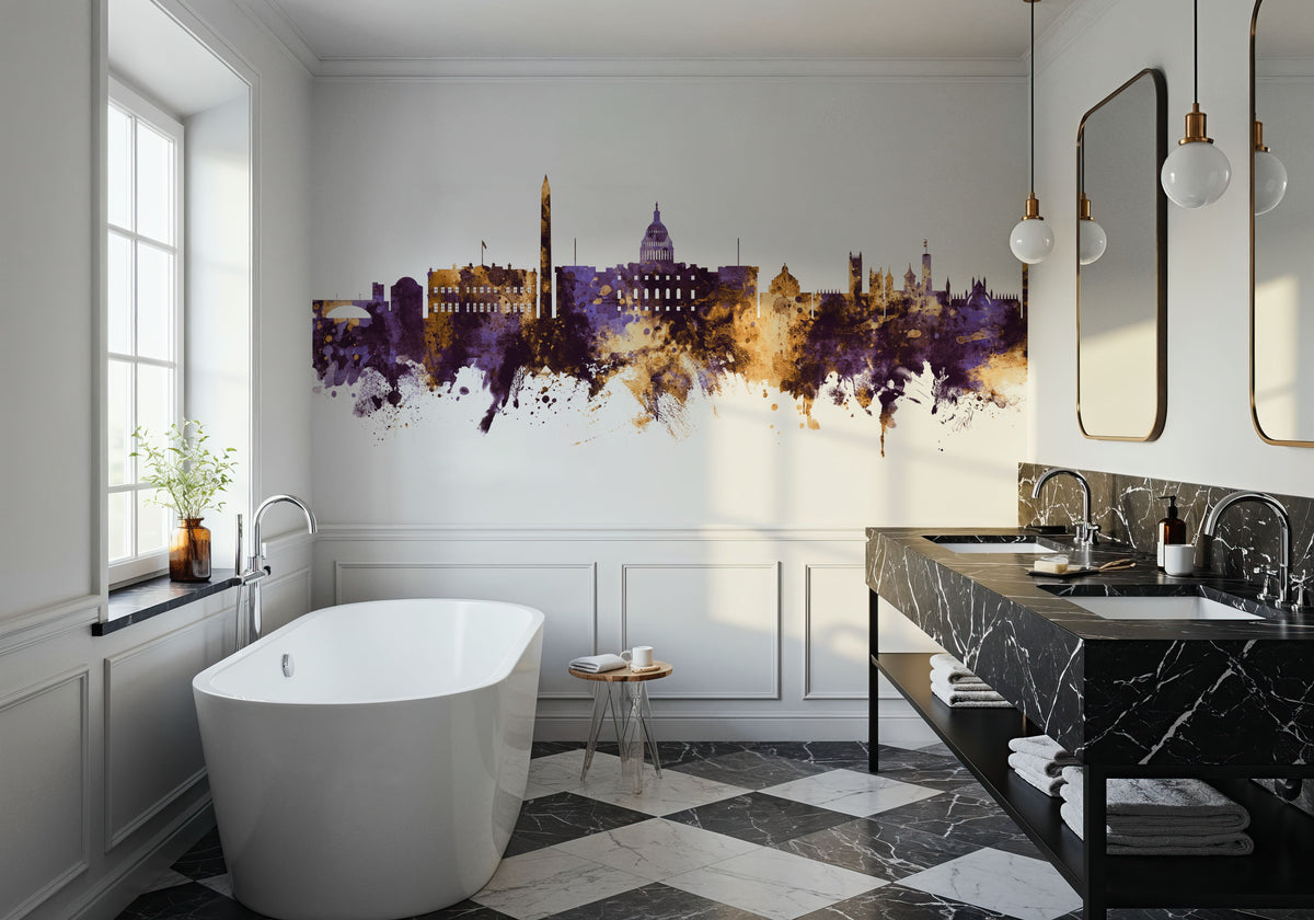 Washington DC Skyline Purple & Gold Mural Wallpaper - room preview 06